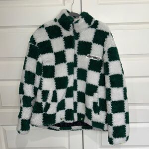 Women’s Checkered and Fuzzy Jacket - Green and White